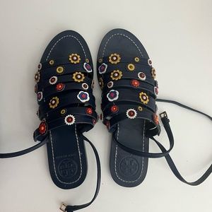 Dark blue Tory Burch floral shoes with straps